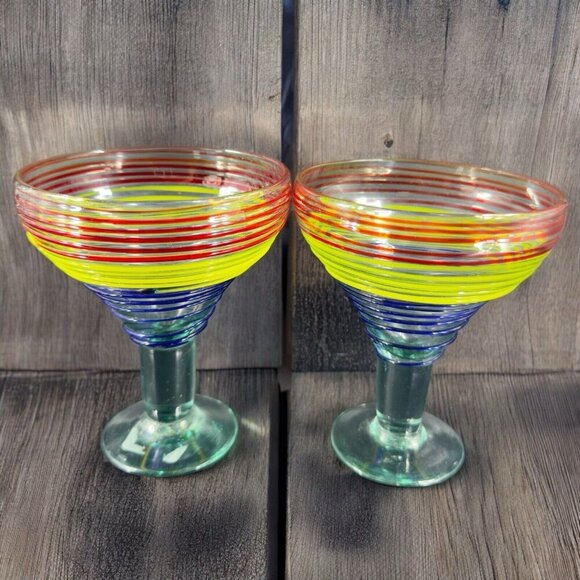 Hand Blown Glass Margarita Glasses Set 2 Hand Made Glass Barware Multicolor VTG - Picture 1 of 11